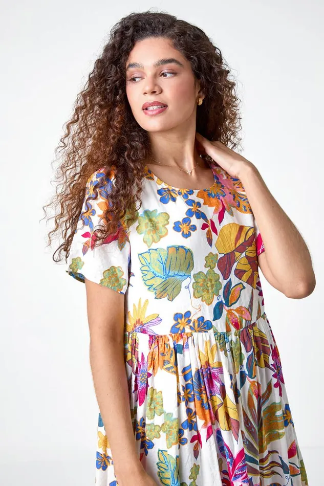 Women Multi Floral Print Cotton Midi Dress Roman Dresses
