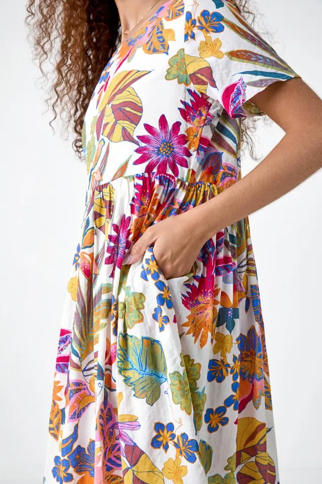 Women Multi Floral Print Cotton Midi Dress Roman Dresses