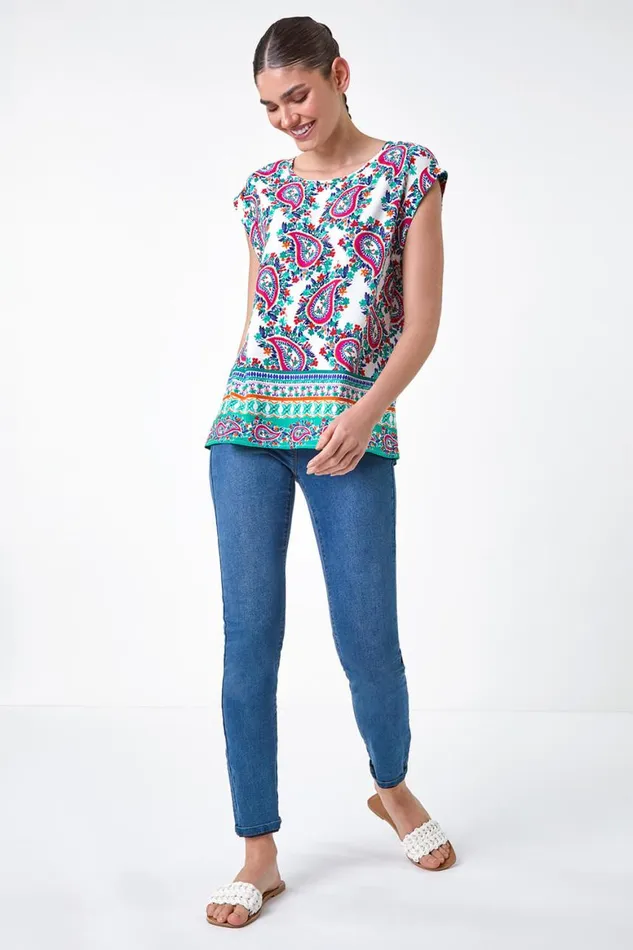 Women Multi Paisley Print Short Sleeve Top Roman Tops