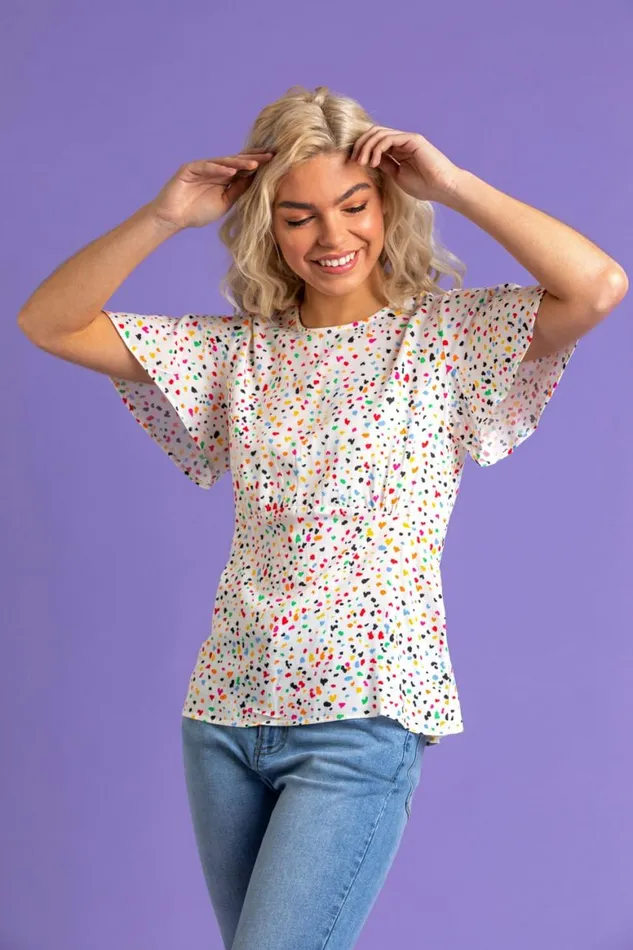 Women Multi Scattered Spot Print Flared Top Roman Tops