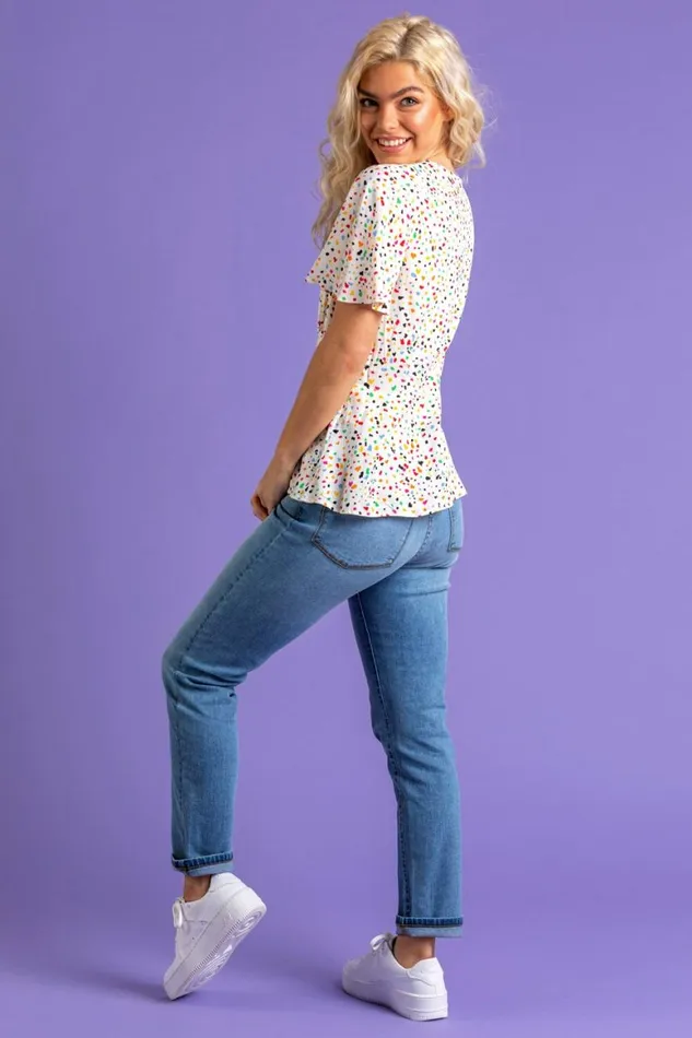 Women Multi Scattered Spot Print Flared Top Roman Tops