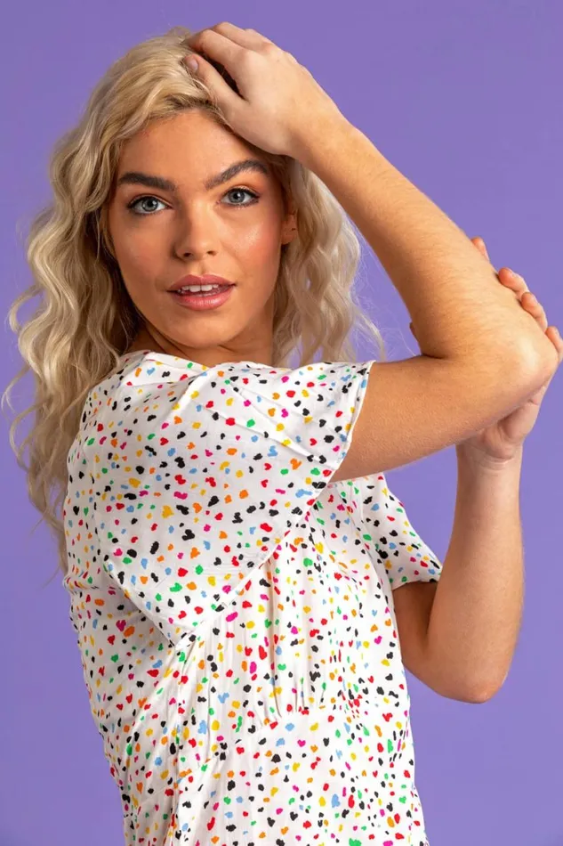Women Multi Scattered Spot Print Flared Top Roman Tops