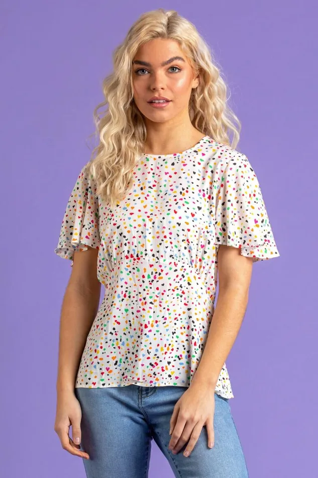 Women Multi Scattered Spot Print Flared Top Roman Tops