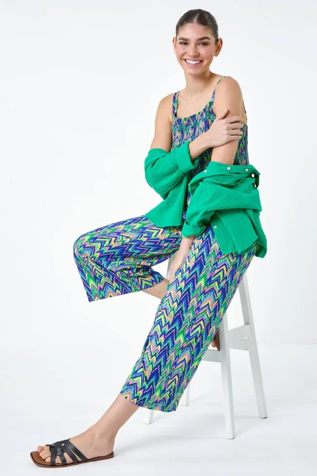 Women Multi Zig Zag Print Crop Stretch Jumpsuit Roman Dresses