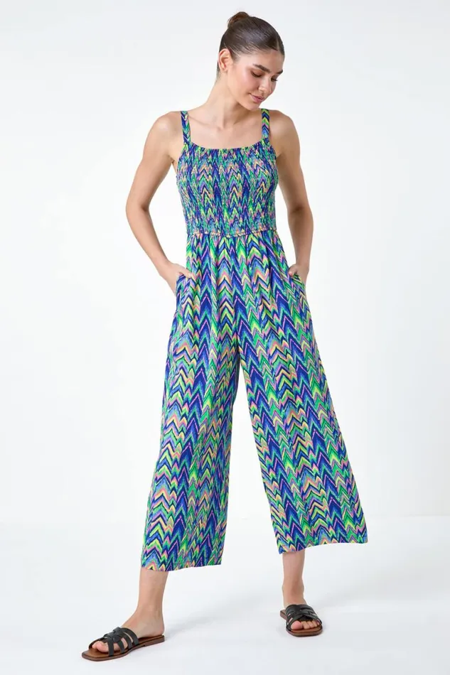 Women Multi Zig Zag Print Crop Stretch Jumpsuit Roman Dresses