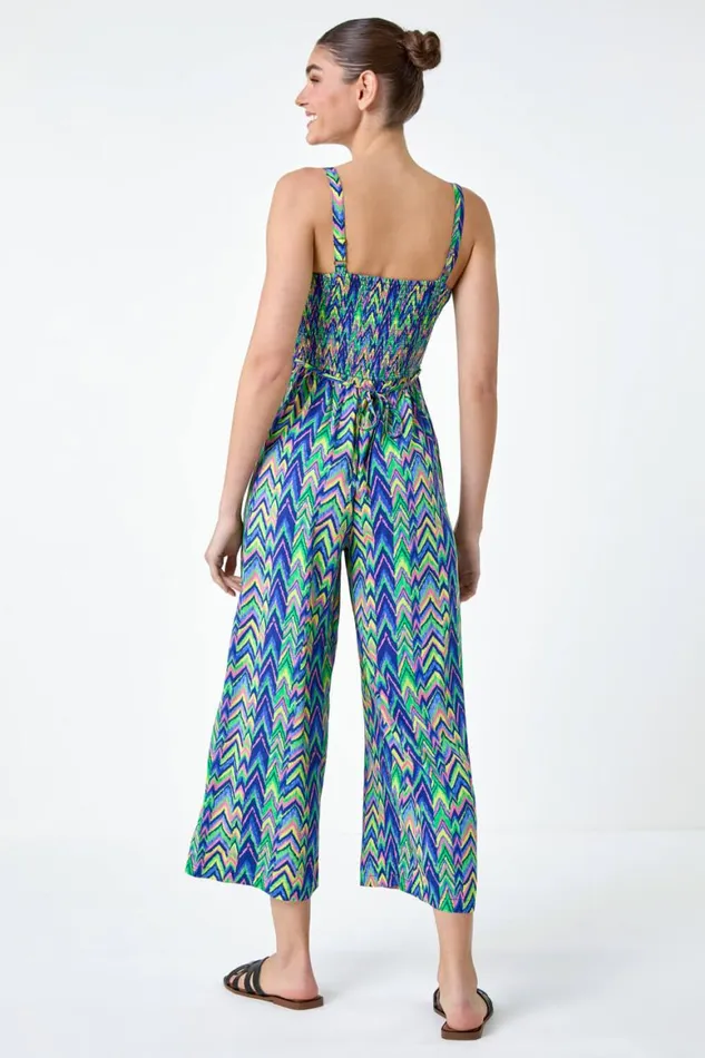 Women Multi Zig Zag Print Crop Stretch Jumpsuit Roman Dresses