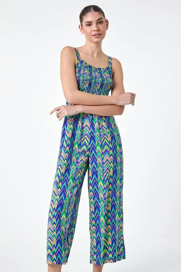 Women Multi Zig Zag Print Crop Stretch Jumpsuit Roman Dresses