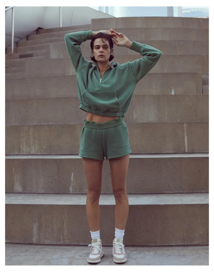 Women MWL Airyterry Quarter Zip Supercrop Sweatshirt Hthr Versailles Green Madewell MWL Athleisure