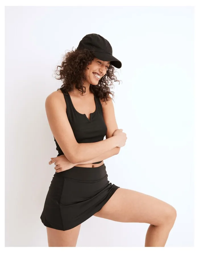 Women MWL Ribbed Split Neck Crop Tank True Black Madewell Activewear