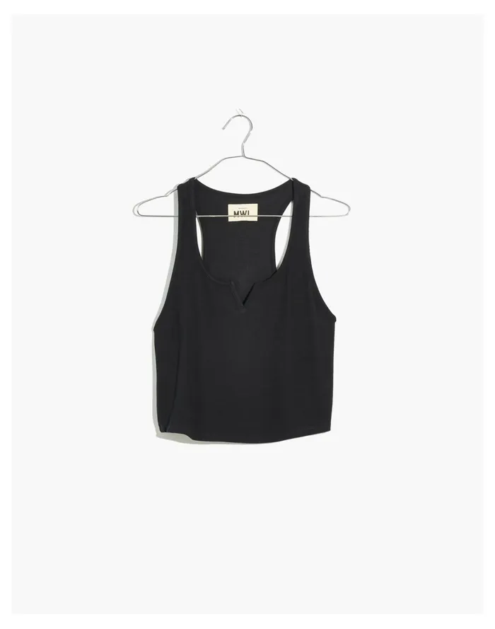 Women MWL Ribbed Split Neck Crop Tank True Black Madewell Activewear Women MWL Ribbed Split Neck Crop Tank True Black Madewell Activewear