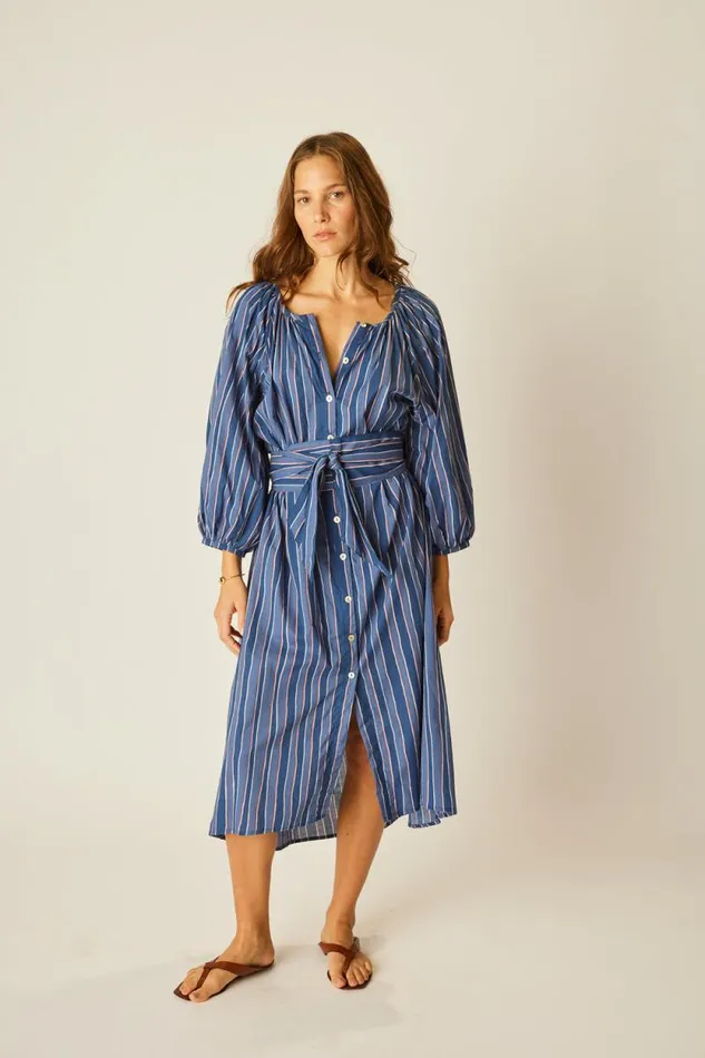 Women Natalie Martin Dresses Alex Midi With Sash Batik Stripe Navy