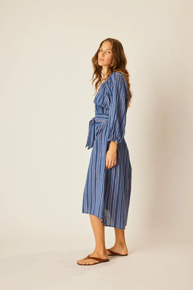 Women Natalie Martin Dresses Alex Midi With Sash Batik Stripe Navy