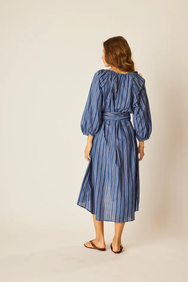 Women Natalie Martin Dresses Alex Midi With Sash Batik Stripe Navy