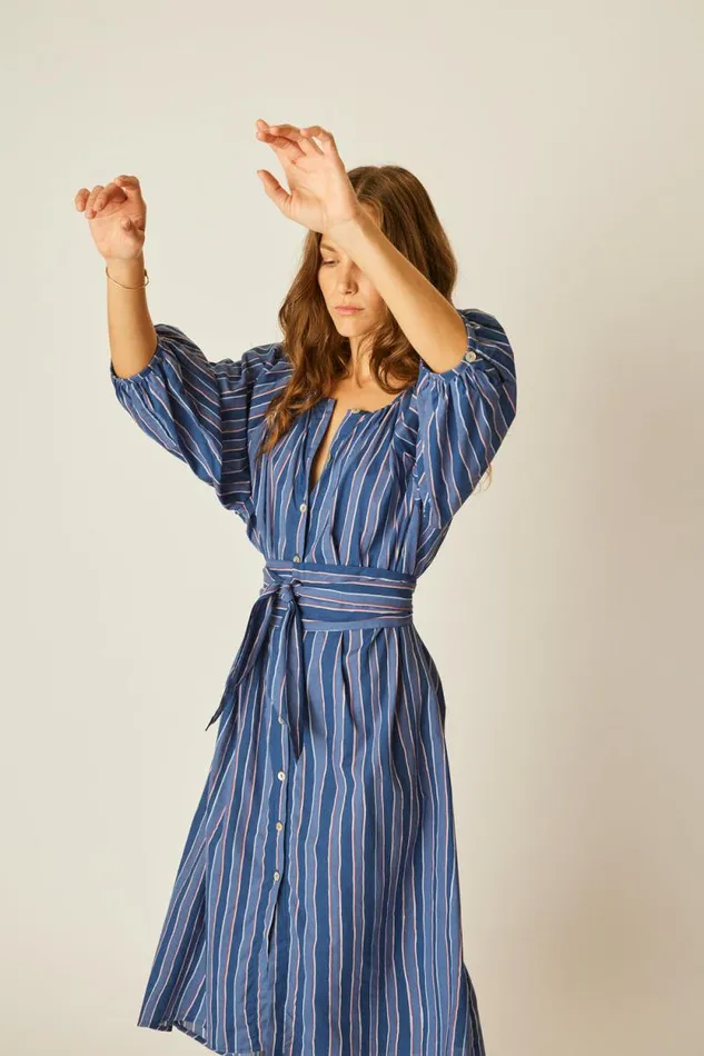 Women Natalie Martin Dresses Alex Midi With Sash Batik Stripe Navy