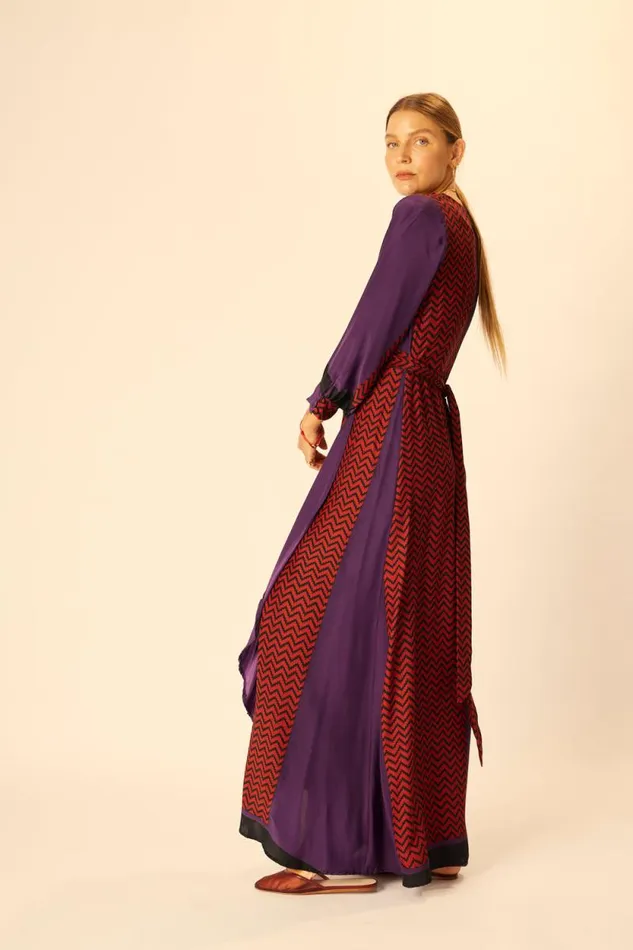 Women Natalie Martin Dresses Kate Long Sleeve Maxi Block Zigzag Aubergine