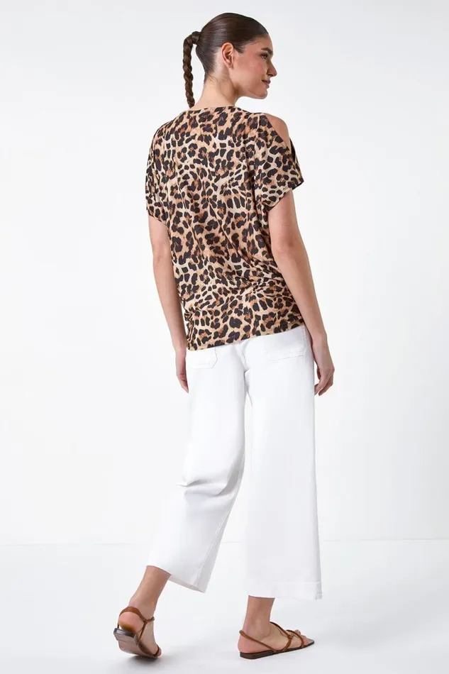 Women Natural Animal Print Cold Shoulder Stretch Top Roman Tops