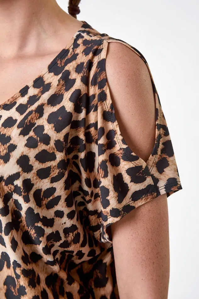 Women Natural Animal Print Cold Shoulder Stretch Top Roman Tops
