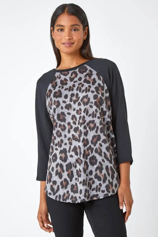 Women Natural Animal Print Stretch Top Roman Tops