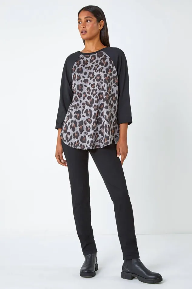 Women Natural Animal Print Stretch Top Roman Tops