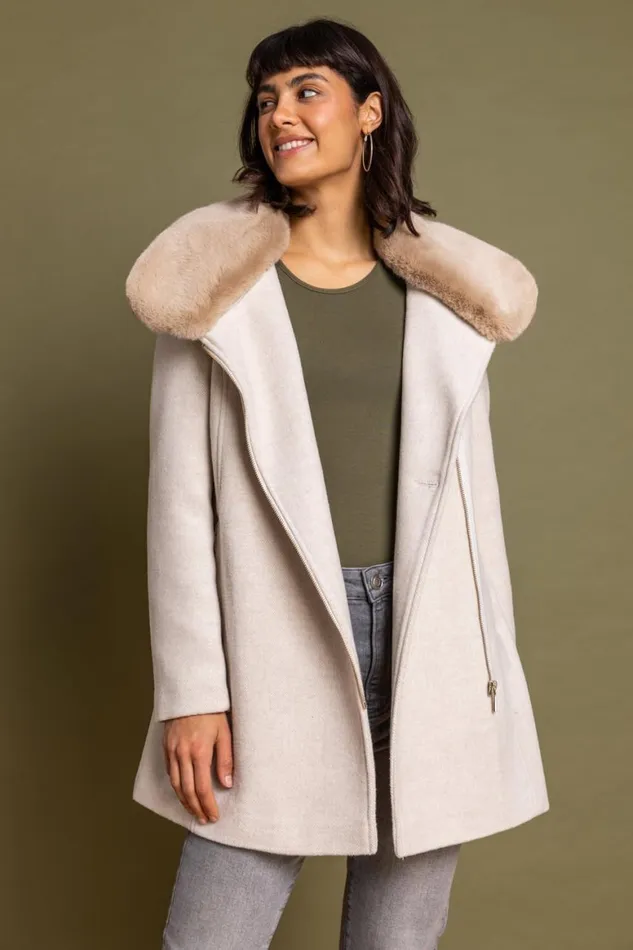 Women Natural Formal Faux Fur Collar Coat Roman Coats