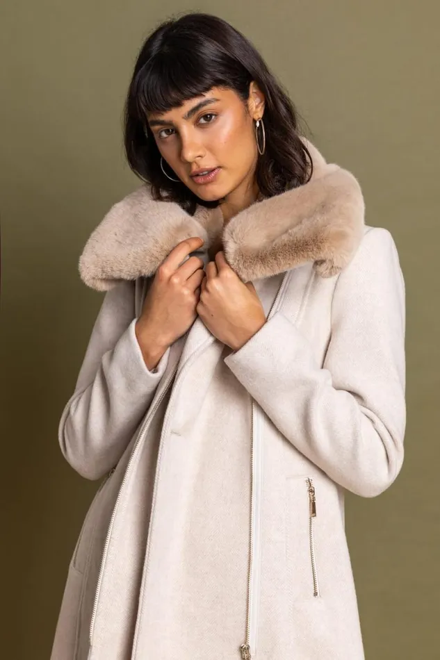 Women Natural Formal Faux Fur Collar Coat Roman Coats