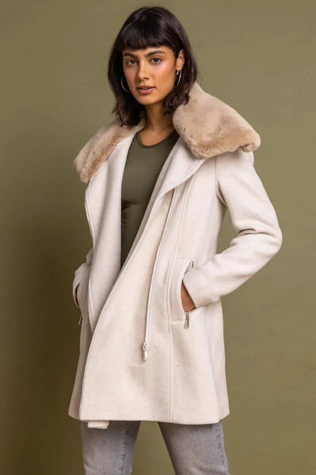 Women Natural Formal Faux Fur Collar Coat Roman Coats