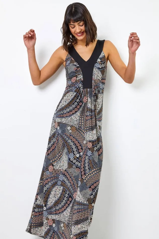 Women Natural Geo Print Contrast Band Maxi Dress Roman Dresses