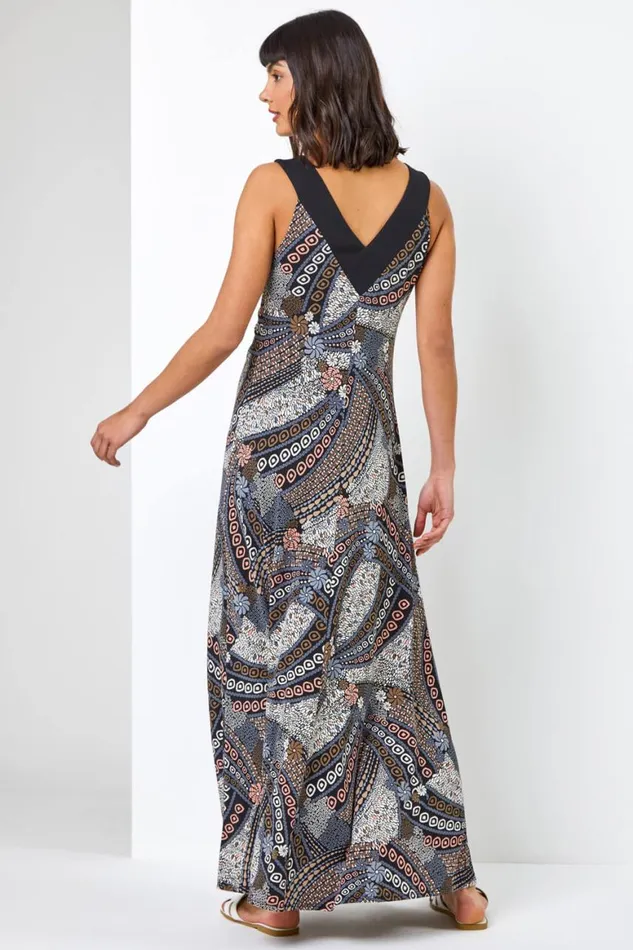 Women Natural Geo Print Contrast Band Maxi Dress Roman Dresses