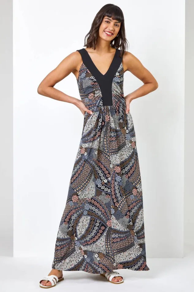 Women Natural Geo Print Contrast Band Maxi Dress Roman Dresses