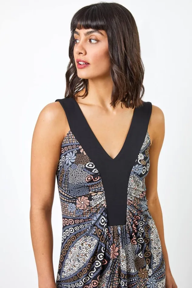 Women Natural Geo Print Contrast Band Maxi Dress Roman Dresses