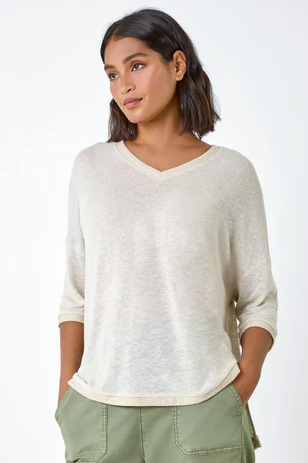 Women Natural Metallic Linen Blend Knitted Top Roman Tops