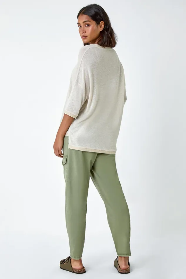 Women Natural Metallic Linen Blend Knitted Top Roman Tops