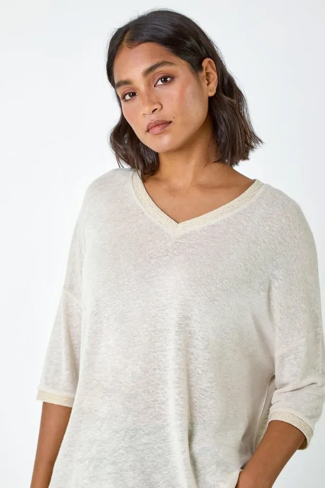 Women Natural Metallic Linen Blend Knitted Top Roman Tops