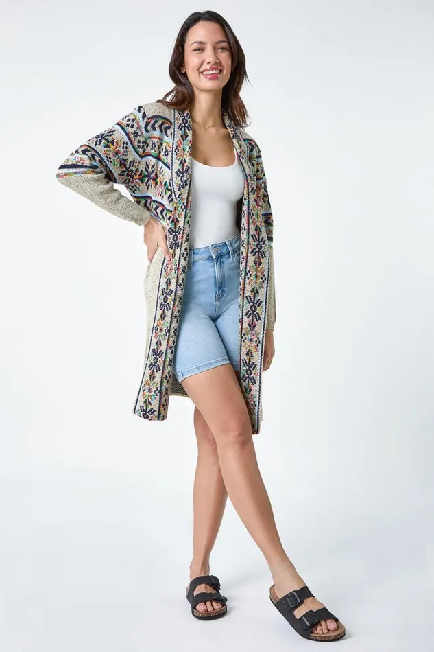 Women Natural Nordic Patterned Longline Cardigan Roman Knitwear