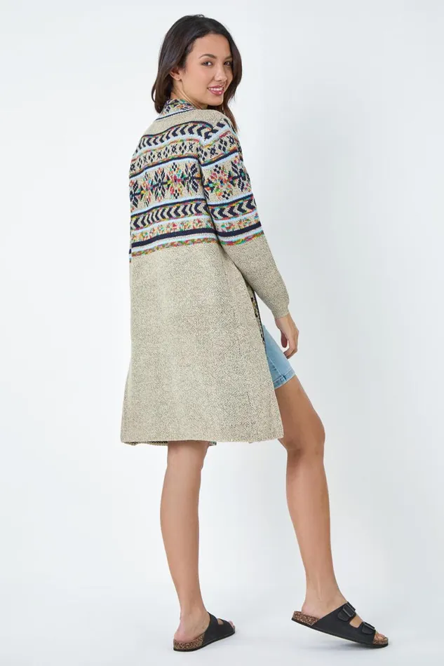 Women Natural Nordic Patterned Longline Cardigan Roman Knitwear