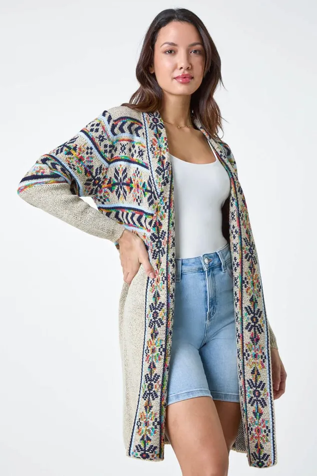 Women Natural Nordic Patterned Longline Cardigan Roman Knitwear