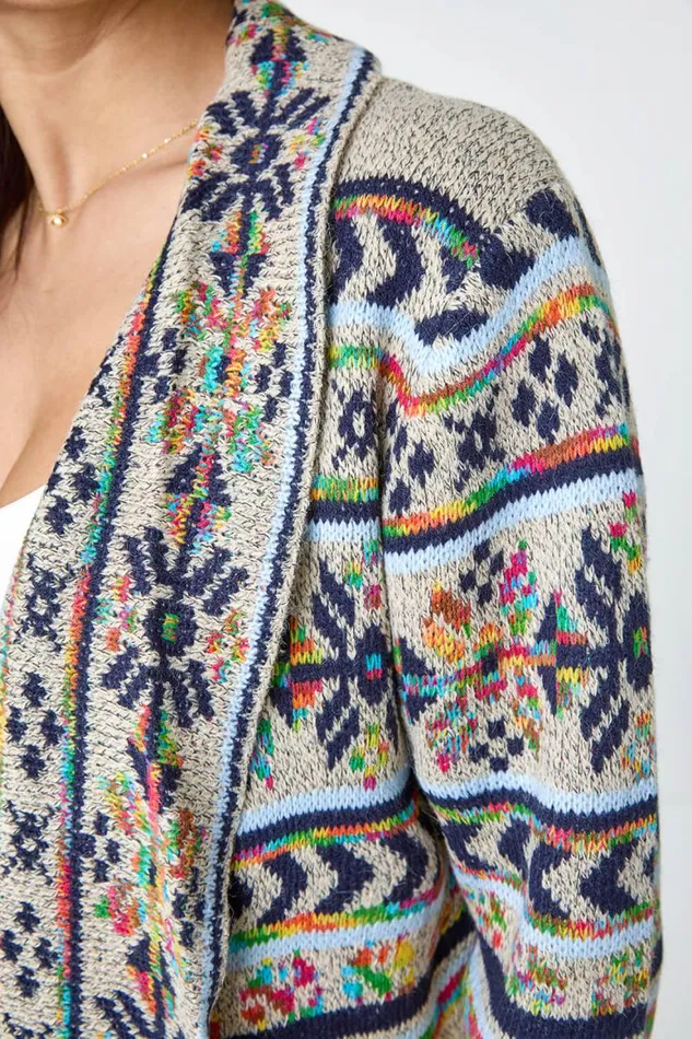 Women Natural Nordic Patterned Longline Cardigan Roman Knitwear