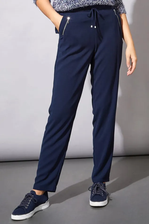Women Navy 27 Inch Elastic Waist Tie Front Jogger Roman Trousers