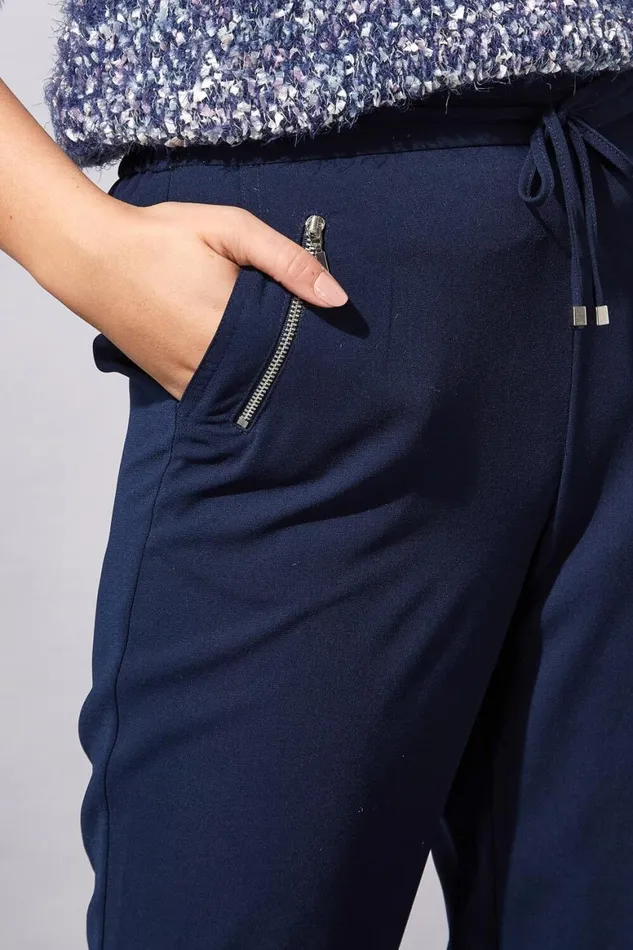Women Navy 27 Inch Elastic Waist Tie Front Jogger Roman Trousers