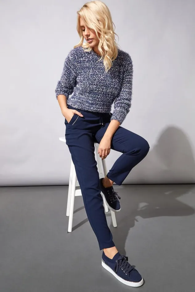 Women Navy 27 Inch Elastic Waist Tie Front Jogger Roman Trousers