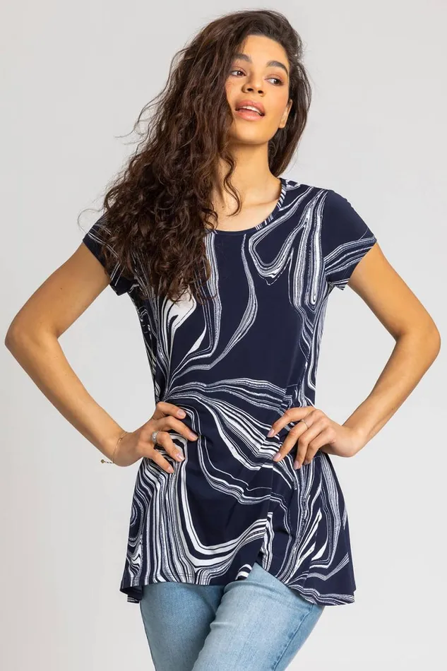 Women Navy Abstract Linear Print Stretch Top Roman Tops