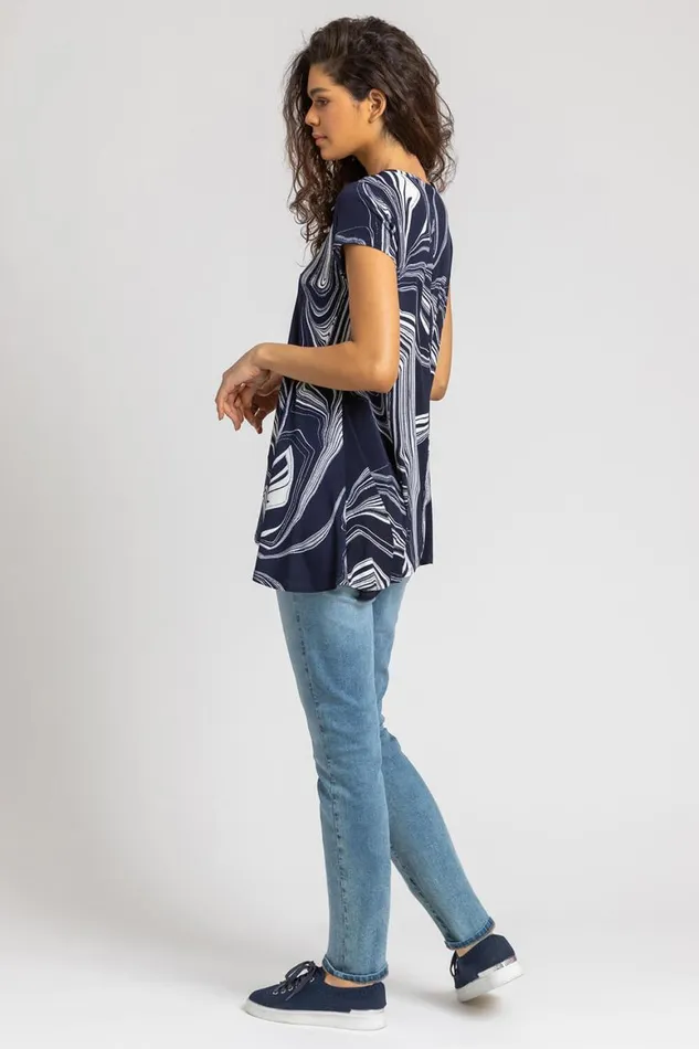 Women Navy Abstract Linear Print Stretch Top Roman Tops