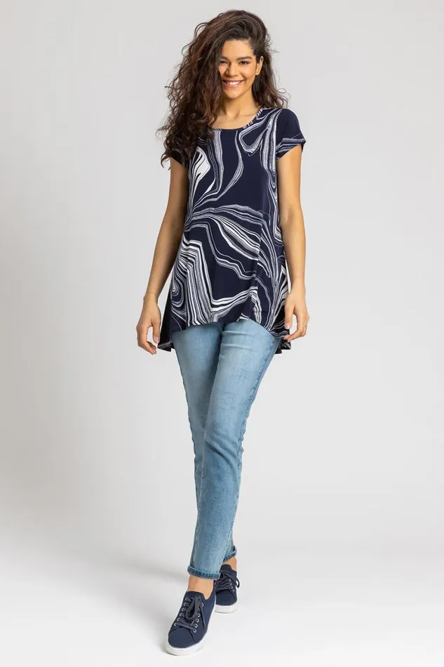 Women Navy Abstract Linear Print Stretch Top Roman Tops