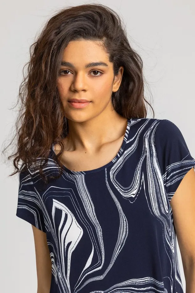 Women Navy Abstract Linear Print Stretch Top Roman Tops