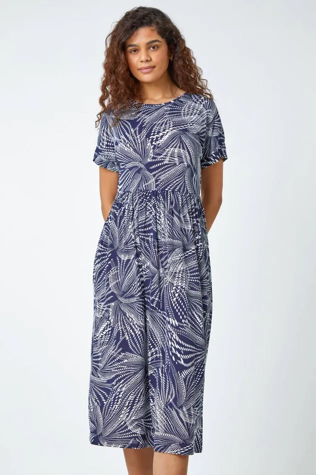 Women Navy Abstract Print Midi Stretch Dress Roman Dresses
