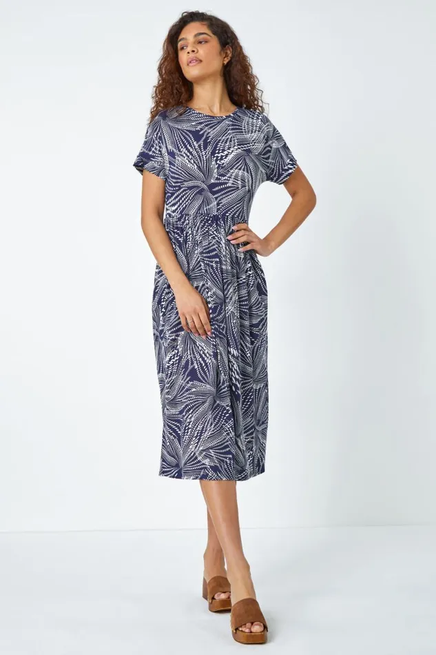 Women Navy Abstract Print Midi Stretch Dress Roman Dresses