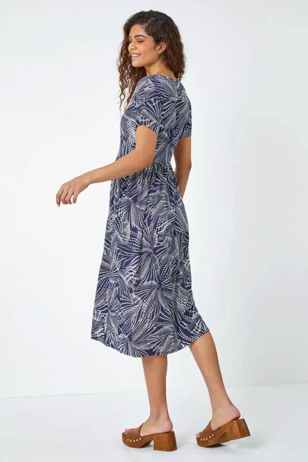 Women Navy Abstract Print Midi Stretch Dress Roman Dresses