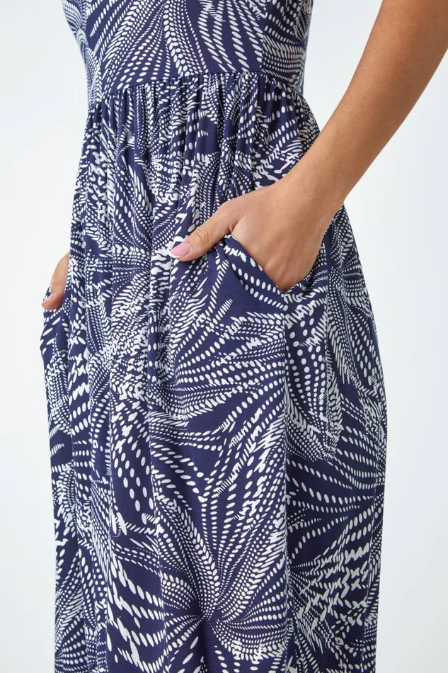 Women Navy Abstract Print Midi Stretch Dress Roman Dresses