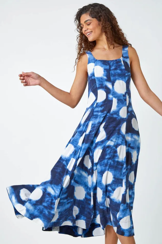 Women Navy Abstract Spot Print Panelled Midi Dress Roman Dresses