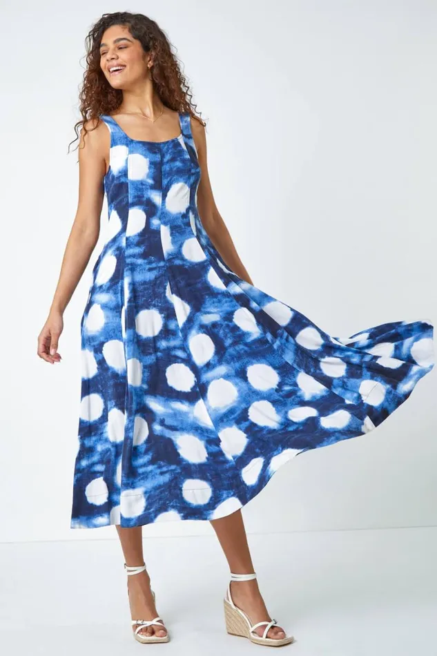 Women Navy Abstract Spot Print Panelled Midi Dress Roman Dresses